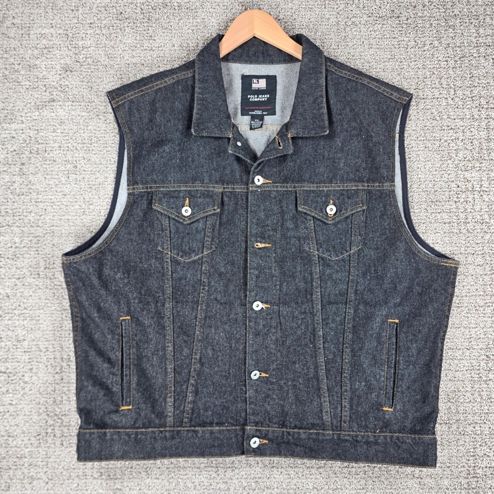 Vintage Polo Jeans Co Ralph Lauren Mens XXL Dark Wash Denim Trucker Vest Jacket